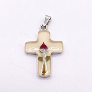 Cream resin Rose sterling silver Cross Pendant